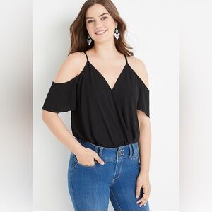 Maurices Black Cold-Shoulder Wrap-Front Bodysuit L